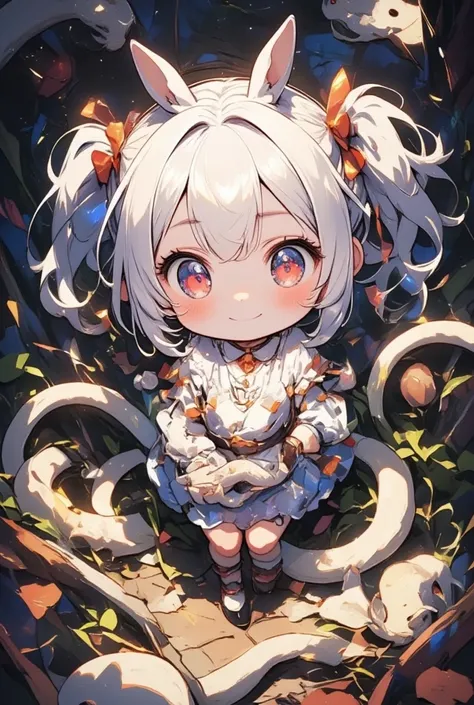 8k, masterpiece, highly detailed, chibi girl, close up, (mega twintails), high angle, from above, (:3), hair ribbons, Stuffed Snake, Several snakes dancing in the background.