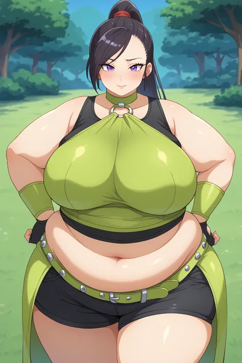 dragon_Quest martina , Martina、 long hair、 ponytail、 purple eyes、 black hair、 shoulder out、  Yellow-green Crop Top, black tank top, yellow-green choker ,silver o-ring top , midriff,  black latex shorts , Yellow-green waist wrap , yellow-green belt,fingerle...