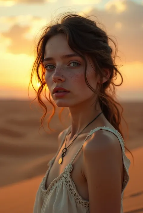 Masterpiece, Aesthetic artwork, (half body shot, textured skin, skin pores:1.1), half body shot, transitioning to a desert landscape at sunset, a lone figure walking, a beautiful ************ young English t**en girl emerges, freckles on face, very pale sk...