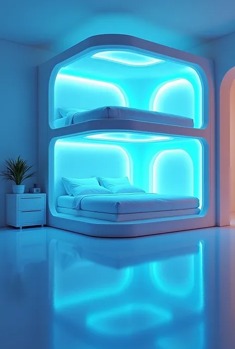 sci-fi theme, double deck bed, infinity mirror beside of bed and front of bed, blue lights inside of bed, with cabinet 