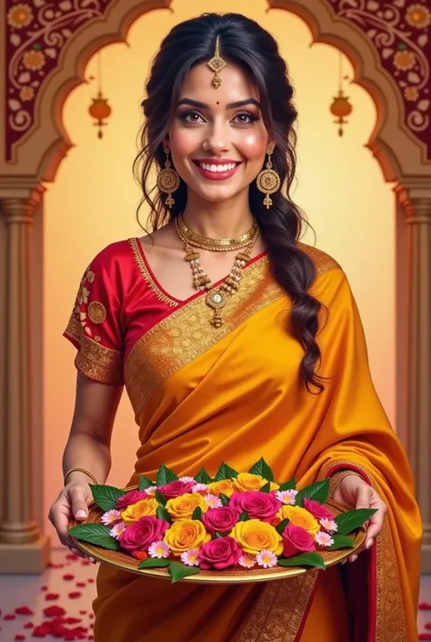 A vibrant banner design featuring an Indian lady warmly welcoming with a graceful smile. She is dressed in a traditional saree, adorned with intricate embroidery, representing cultural elegance. In her hands, she holds a decorative tray filled with fresh f...