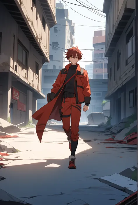 

A hot-blooded  ,   reddish brown male student with a strong sense of justice 、 runs through an abandoned city of the future。　