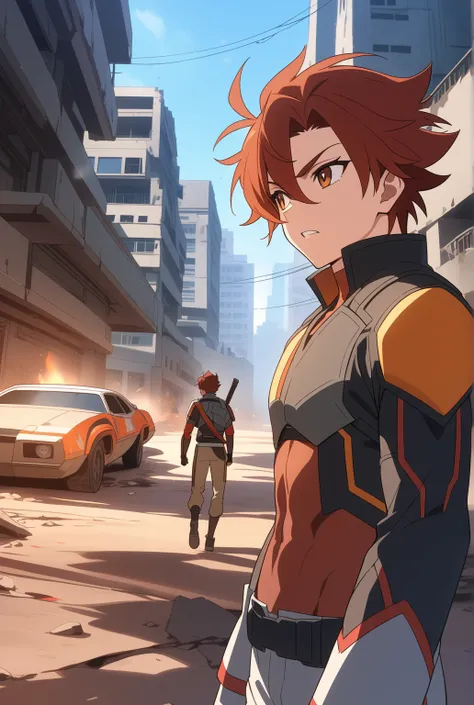 

A hot-blooded  ,   reddish brown male student with a strong sense of justice 、 runs through an abandoned city of the future。　