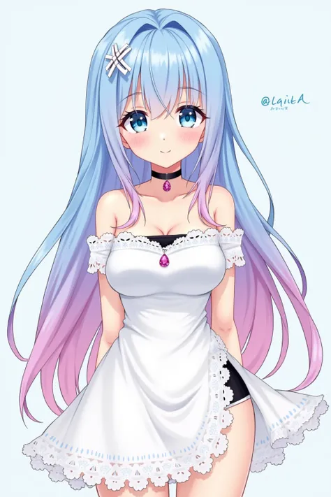 anime girl，long hair，Sky blue hair， Pink Hair In Hair Layers， Measure Liu Hai Has White X Hair Clip ，Gemstone Blue Eyes ， Off Shoulder Lace White Dress ， Black Underwear，plump breasts， Neck Wearing Black Collar ， Pink Water Drops On Collar Gemstone ，Pink B...