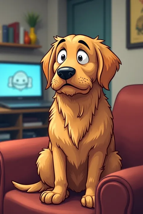 A humorous scene of a golden retriever sitting on a couch far from the camera, appearing confused and slightly unimpressed after seeing a funny meme. The dog has a puzzled look with one ear tilted and its head slightly cocked to the side, as if trying to u...