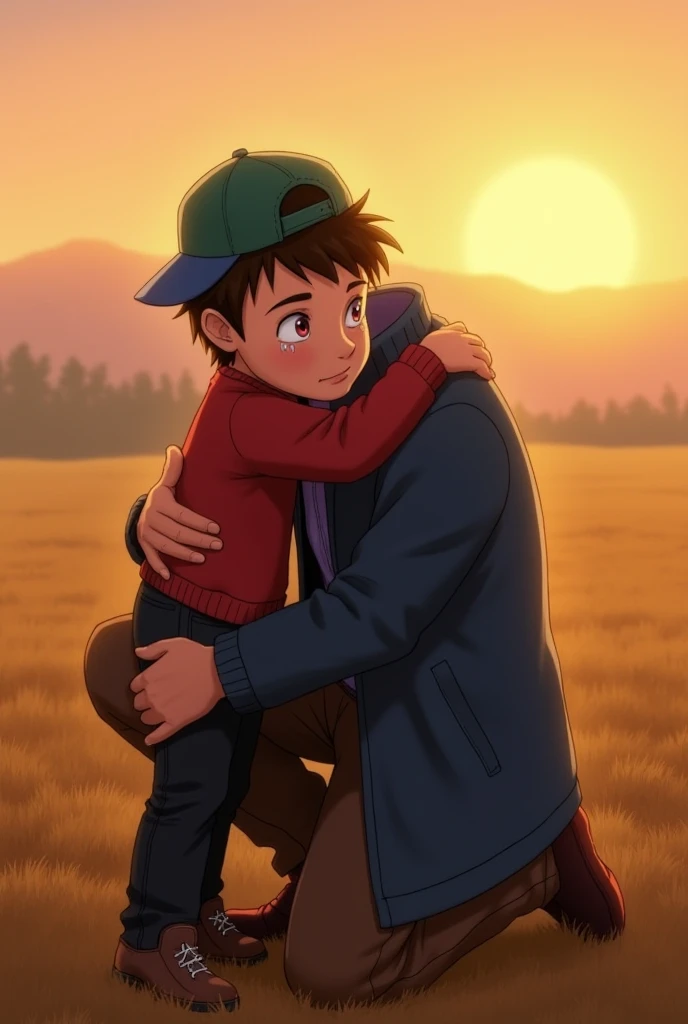 Father wearing a blue coat, brown jeans, and green color cap, kneeling on one knee, embracing his son who is wearing a small red sweater, black jeans, and blue cap, with tears on his face. The father has a comforting expression, and the son looks comforted...