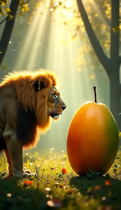 A surreal scene of a majestic lion and a large, vibrant mango fruit facing each other in a mystical, glowing forest clearing. The lion, with its golden mane shining under a beam of soft sunlight filtering through the trees, gazes intently at the mango, whi...