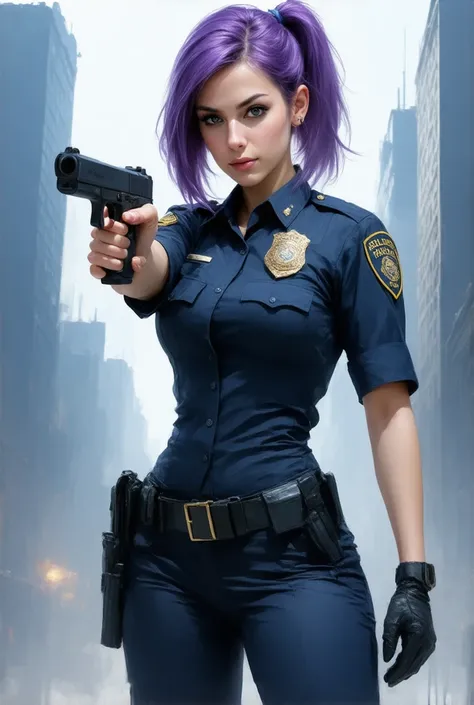 (( masterpiece)), (( best quality)), ((highres)), 1 girl, Alone,  police officer, ( pants  a juego,  pants ), city background, ( hold and aim gun, Detailed pistol, Glock 22, trigger discipline ), Standing,  medium hair, ( purple hair ,  twintail ), ( green...