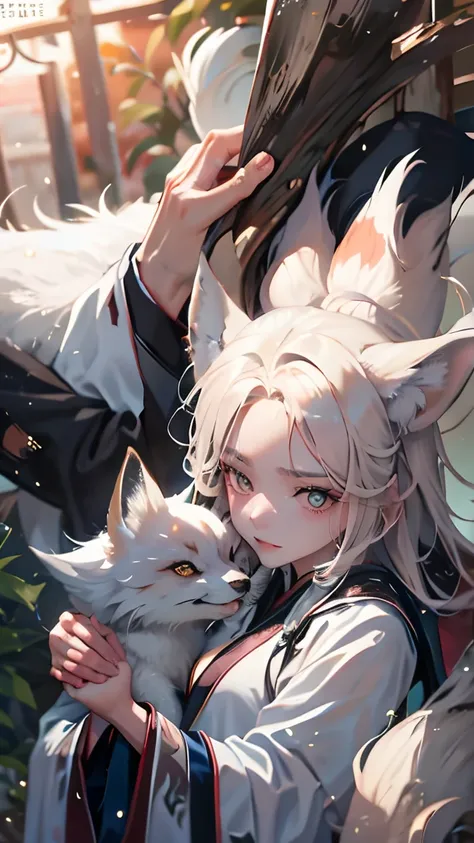 reality，At sunset， From Head Close-up ， Chinese Ninetail Fox Woman ， Pink Long Hair , elegant，close eyes， wearing white Hanfu ，Two Hands Hugging Animal ， White Fox High Detail , precise,  lens flare , 