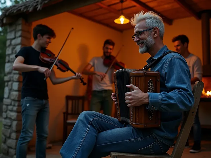 Sunset, outside of a small country hut. A lit candle hangs from the ceiling, an open door with a lit fireplace in the background. A man and two teenagers are playing musical instruments.

1 Very thin Bosnian man (Petrović Hadžić), handsome, 33 years old, s...