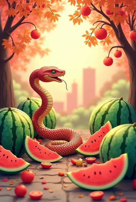 snake with watermelon, apricot trees, and banh chung lunar new year