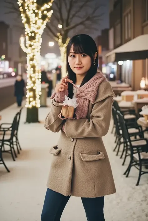 (、 I wear winter clothes and a scarf coat 、 I have long hair with whistles :1.5)、( with a modest smile 、  I have gloves and a gift box :1.5)、(snowy winter night、Street corners and Christmas lights :1.5)、( Perfect Anatomy:1.3)、(No mask:1.3)、( perfect to you...