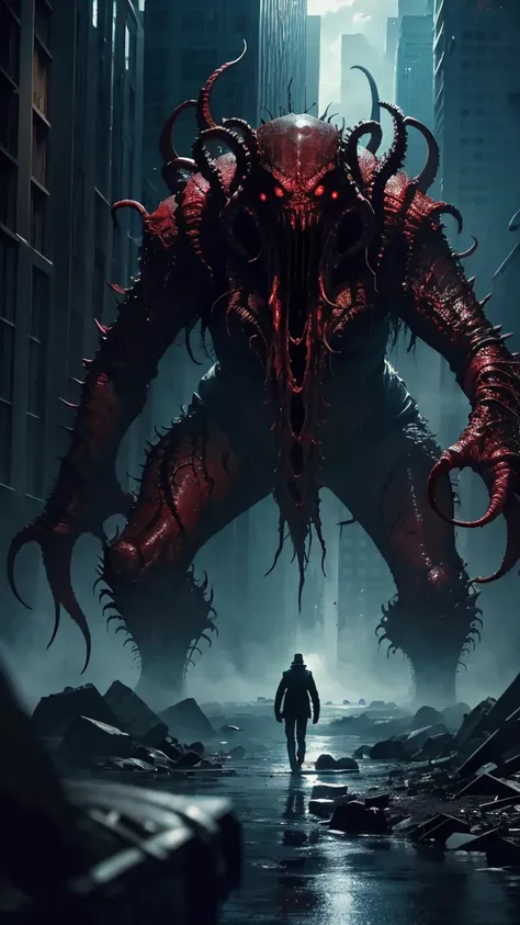  A giant Cthulhu parasitizes a big mouth , Its full of sharp teeth , Its like its going to devour the whole world , very scary ,Post-apocalyptic style,The feeling of a wasteland , has a large background , Tiny humans walk to monster mouths like pilgrims