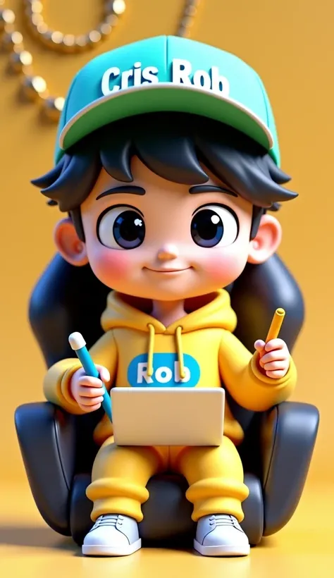 3D rendering of a chibi-style man with short black hair.  He is dressed in a light green and yellow yellow hoodie outfit, including a cap that says "Cris Rob" in blue. The man is sitting in a gaming chair and showing off her outfit, which includes a light ...