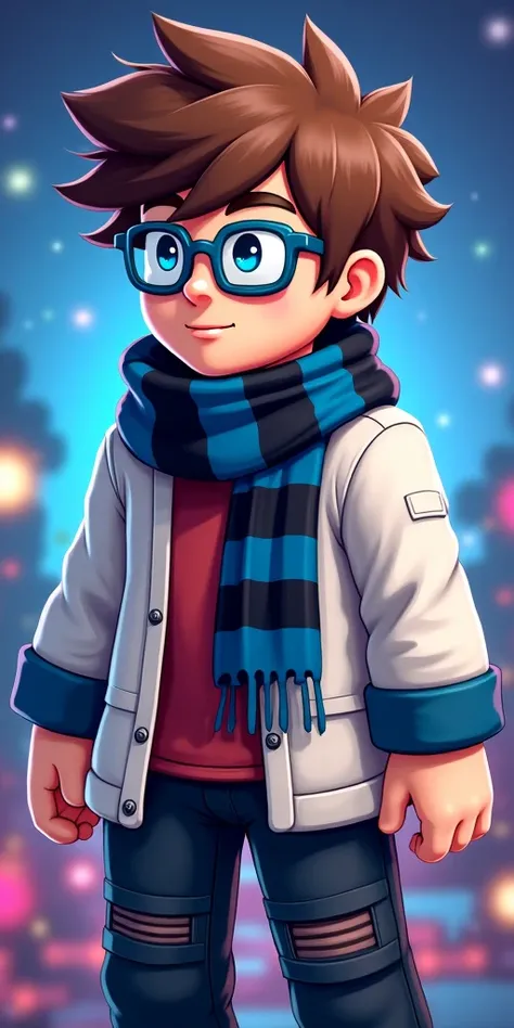 Draw a logo for a YouTube minecraft channel with an interesting background with a character in a white jacket with brown hair with blue glasses, a black and blue scarf hanging down in black jeans with blue straps, and there should also be the nickname Nebu...