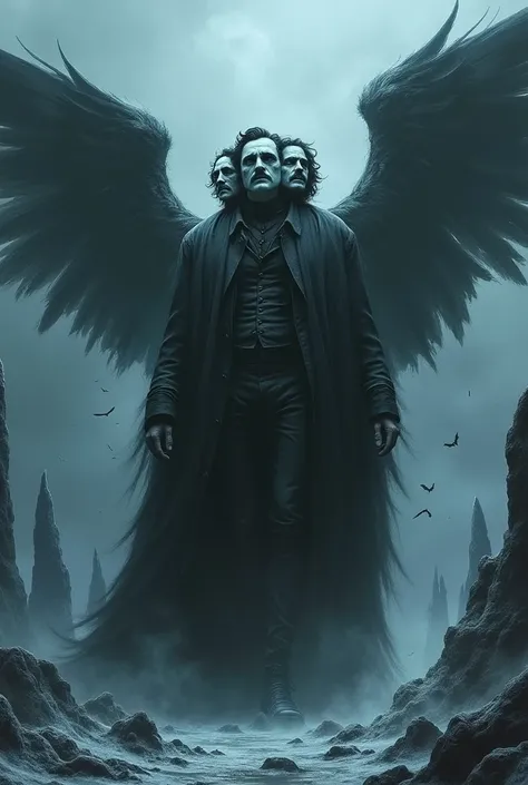 Create Edgar Allan Poe and Lucifer with three faces in cold hell 