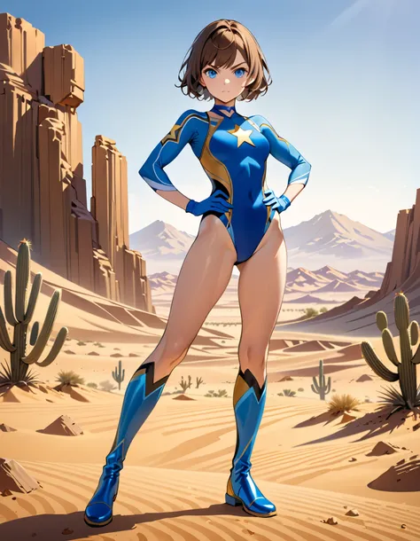 (masterpiece), (best quality), (high res), highly detailed, professional, 1girl, superhero, blue choker, blue eyes, blue footwear, blue gloves, matching boots, (blue leotard, competition swimsuit, elastic sleeves), (gold star symbol on her chest:1.2), medi...