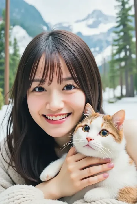 15-year-old girl,  laughs,and a cute cat with round eyes, On the snow,  snowy mountains, In the woods.