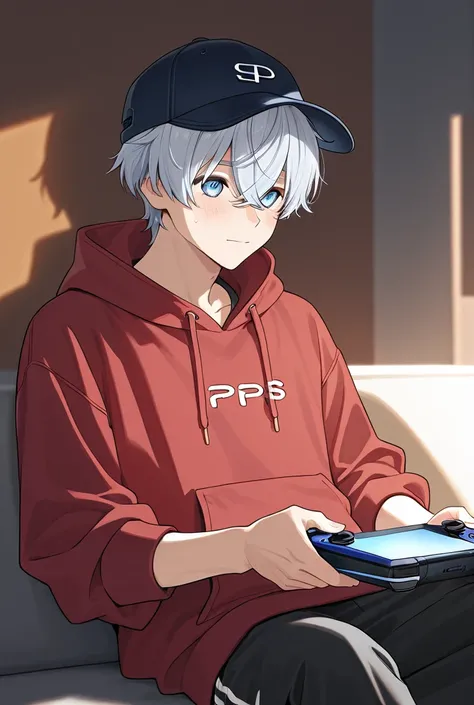  boy sitting and playing PS4、I see his face wearing a cap 