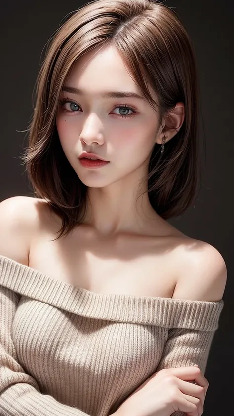 (( top quality , 8k, masterpiece: 1.3)),  sharp: 1.2,  perfect body beauty : 1.4, (((Ribbed sweater:1.3,  off-shoulder sweater))),  short shorts:1.2, Shoulder, ((( upper body: 1.6))),  face close-up : 1.0,  Highly detailed facial and skin textures ,  beaut...