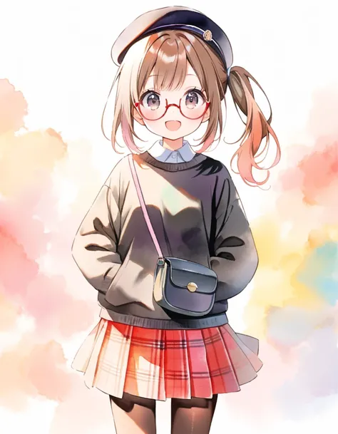 (ultra detailed:0.7), cover image, (soft pastel tones, watercolor, (bright color:1.3), transparent, gradation, harmonious and calm atmosphere:1.1),
1girl, , Elementary school girl, brown hair, big eyes, black eyes, ((red round eyewear)), side ponytail, smi...