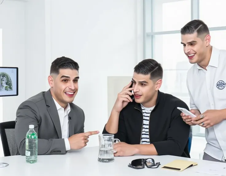 a photo of adncruz, (adncruz:1.5) wearing a suit working having phone calls, with adrianm, (adrianm:1.5), at his white office