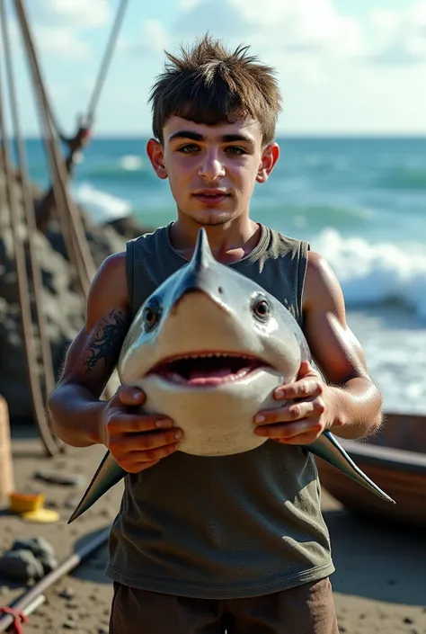 generates a realistic image of a 14-year-old fisherman with this face with a shark in his hands 