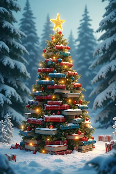  A Christmas tree made of books in the middle of the winter forest with colorful toys , bright garlands and lights ,  the atmosphere of magic and celebration 