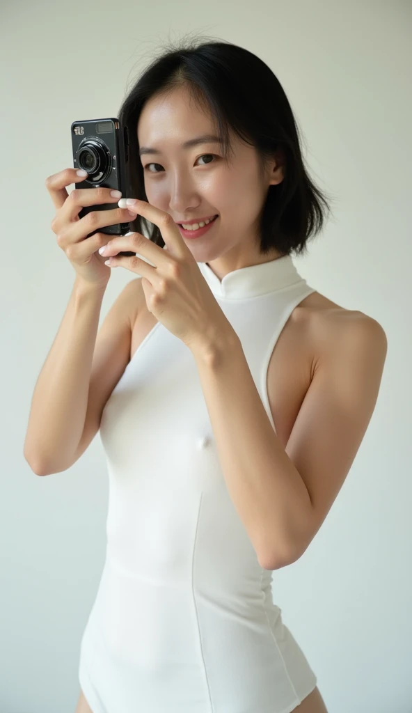 Japanese woman,black short hair,glamour figure,beautiful skin,shows the whole body,top quality,white nosleeves,take a selfie,p0k13s