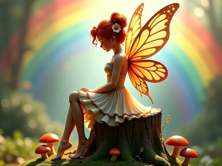 realistic winged fairy, her wings are extremely detailed, her hair is red, her hair is in an elaborate style, there is a flower in her hair, she is barefoot, her dress is made of extremely fine material, her skirt has many layers, spotlight, facing the fro...