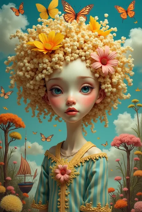  Create an image of a womans face with popcorn hair dressed in yellow and red flowers wearing blue high shoes with boats with flying sails. Striped butterflies with colorful trees upside down  