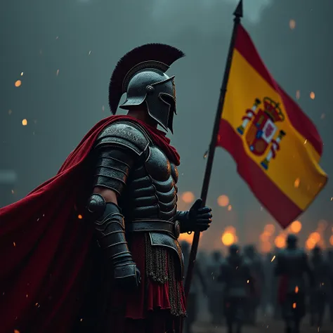  Gloomy scenario it rains sparks on a battlefield is a warrior whose armor looks like a Spartan but deep black and with a shiny red cape in focus you see the Spartan from the side and the helmet. He holds a spear in his hand , And in the other a flag of Sp...