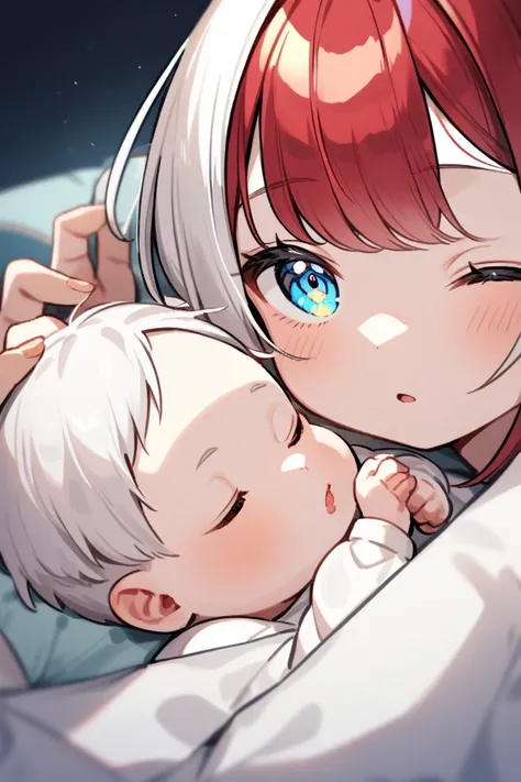 A baby, have half red hair and half white hair, have blue diamond eyes 