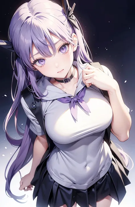  purple hair、 straight hair、 longhair 、 purple eyes、 cold eyes、 detailed eyes 、 detailed face 、 big breasts、 Jewel Eyes 、High resolution eyes、 high res、 Extreme Details、Gray Sailor Suit、 school uniform、Miyamasuzaka Jogakuen 、 wearing a black hoodie from ab...