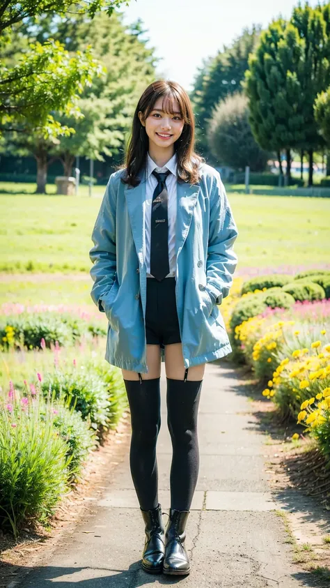 (8k、     RAW photos   、   top quality、masterpiece   :1.2)、(   realistic  、   realistic  )、1 person、((bangs、 ties、tights、 boots、Light blue jacket、 Long Sleeve 、smile、whole body、 black shorts、 shows shoulders、Flower Field、Narrow waist、 curled hair 、  standin...