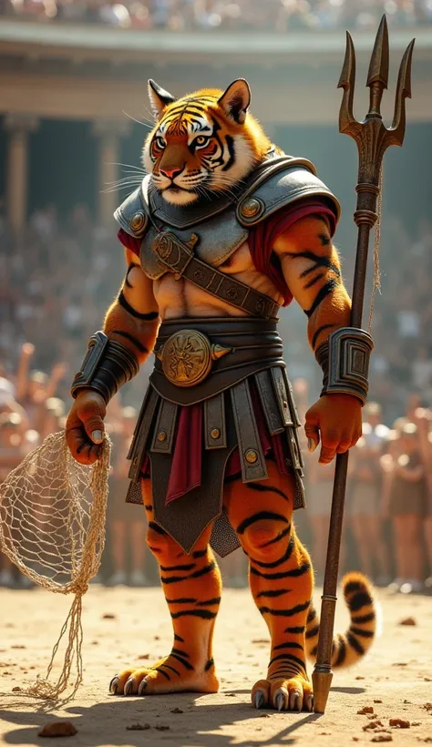 "A fierce hybrid of a gladiator and a tiger, combining the muscular build of a tiger with the armor and weaponry of an ancient Roman gladiator. The creature stands in an arena, its orange and black-striped fur gleaming under the sunlight. It wields a tride...