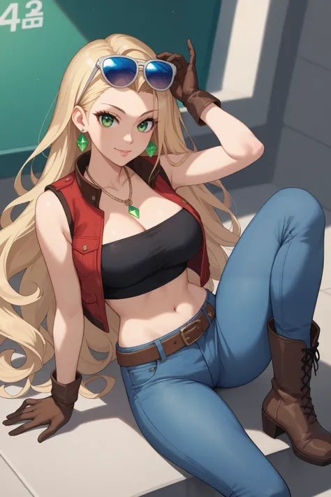 20 year old girl, long flowing blonde hair, blue sunglasses on head, cute face, green eyes, light blush, green earrings, prism necklace, black tube top, open midriff, red vest, brown biker gloves, jeans, brown belt, steel toe boots, large chest