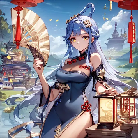 ((big breasts)), 1girl, solo, long hair, looking at viewer, hair ornament, dress, holding, bare shoulders, closed mouth, blue hair, yellow eyes, braid, artist name, covered navel, blue dress, chinese clothes, china dress, hand fan, folding fan, light blue ...