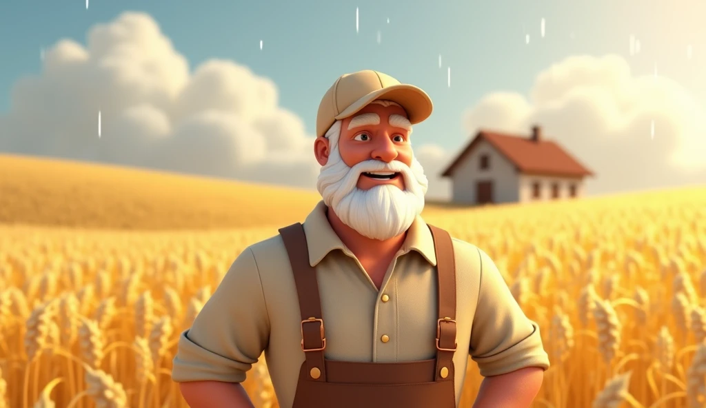 "A realistic 3D illustration featuring the exact same farmer character as shown in the uploaded image. The farmer has a white beard, wearing the same light beige shirt, brown suspenders, and a beige cap. He stands in the middle of a wheat field, with the g...