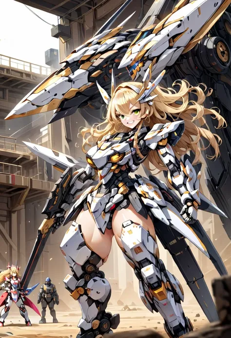 (((( mecha, mecha girl, robot, robot girl )))), solo, (long hair, wavy hair, blonde), gladiator, cute face:1.9, perfect female body, big breasts, robot body, metallic armor, black armor, great sword, she holds a great sword , brave perspective, holding swo...