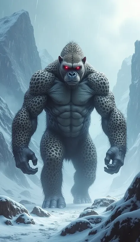 A mystical hybrid creature combining the features of a leopard and a gorilla, standing powerfully in a snowy mountainous environment. The creature has the muscular build of a gorilla, covered in the sleek spotted fur of a leopard, with glowing red eyes tha...