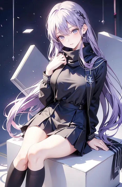  purple hair、 straight hair、 longhair 、 purple eyes、 cold eyes、 detailed eyes 、 detailed face 、 big breasts、 Jewel Eyes 、High resolution eyes、 high res、 Extreme Details、Gray Sailor Suit、grey school uniform 、Red scarf、 wearing a black hoodie from above、 lon...