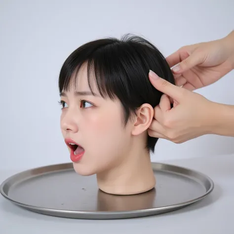 Picture of a beautiful chinese teen girls disembodied head on a silver tray, from side view. We see the head from side. The girl has beautiful, straight, thick, smooth, silky, black, short pixie hair with bangs. One hand is grabbing her neck, another hand ...