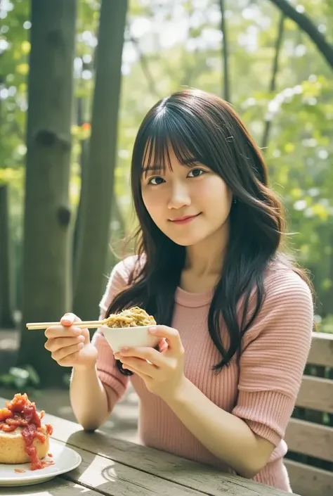  realistic pictures,  ramen with chopsticks can be seen camping in a forest park,  キムチをサイドディッシュに、 Korean idol singers who eat kimchi as a side dish .