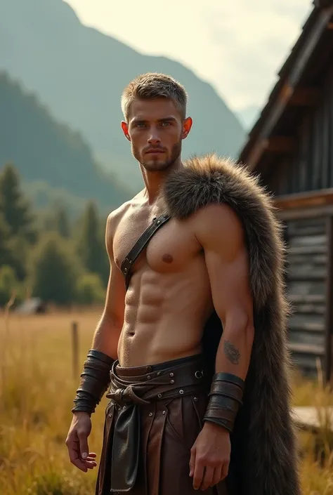 A photo taken with an iPhone in a Viking village surrounded by dramatic fjords and misty forests. A striking young Viking-in-training stands near a detailed wooden longhouse, his piercing blue eyes glowing with determination. His athletic body, featuring a...