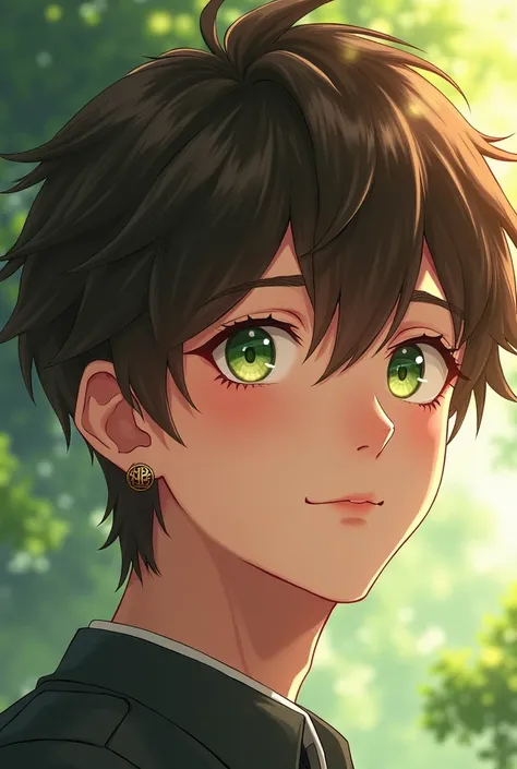 A man with little long brown hair, green eyes, and a pair of earrings,Chinese anime character.