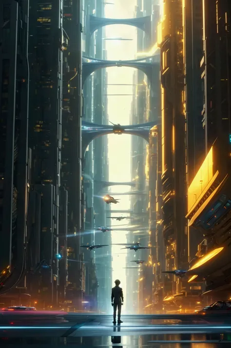 A futuristic cityscape with golden skyscrapers reflecting sunlight, flying cars soaring across the sky, a humanoid cyborg with mechanical arms standing next to a confused young scientist holding a glowing device.