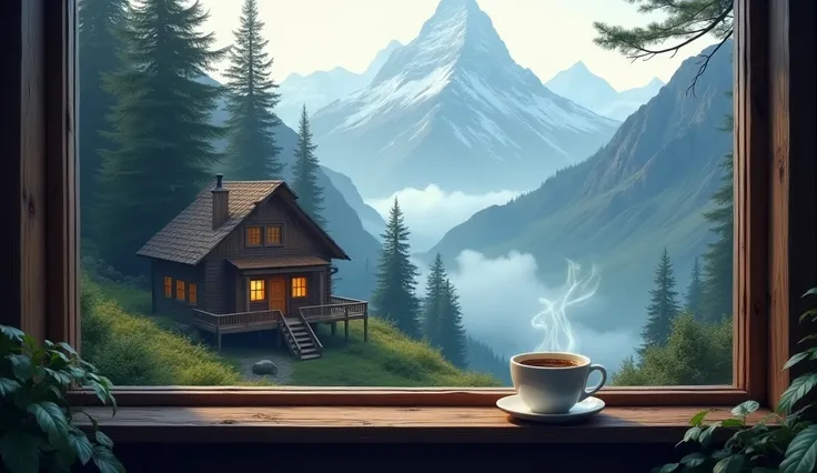 A tranquil mountain view with misty peaks, a wooden cabin, and a steaming cup of coffee on a windowsill