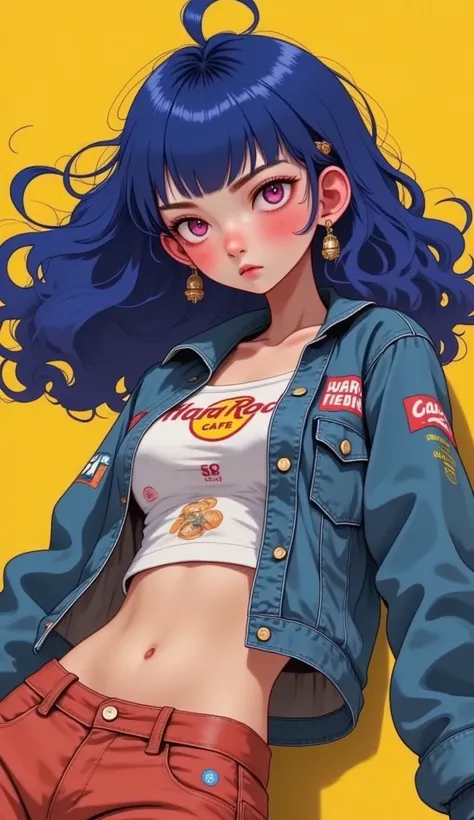  Close-up from waist to head :
 A beautiful young Korean woman .
pink eyes, incandescent, cat eye shape .
 Jeams jacket with an open  "hard rock coffee",  print showing a defined belly .
Coastal view.
 She is looking back making an orgasm face. 
blue hair ...