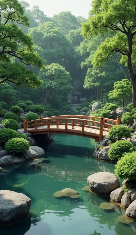  Traditional Japanese garden with a pond, stones and a bridge 